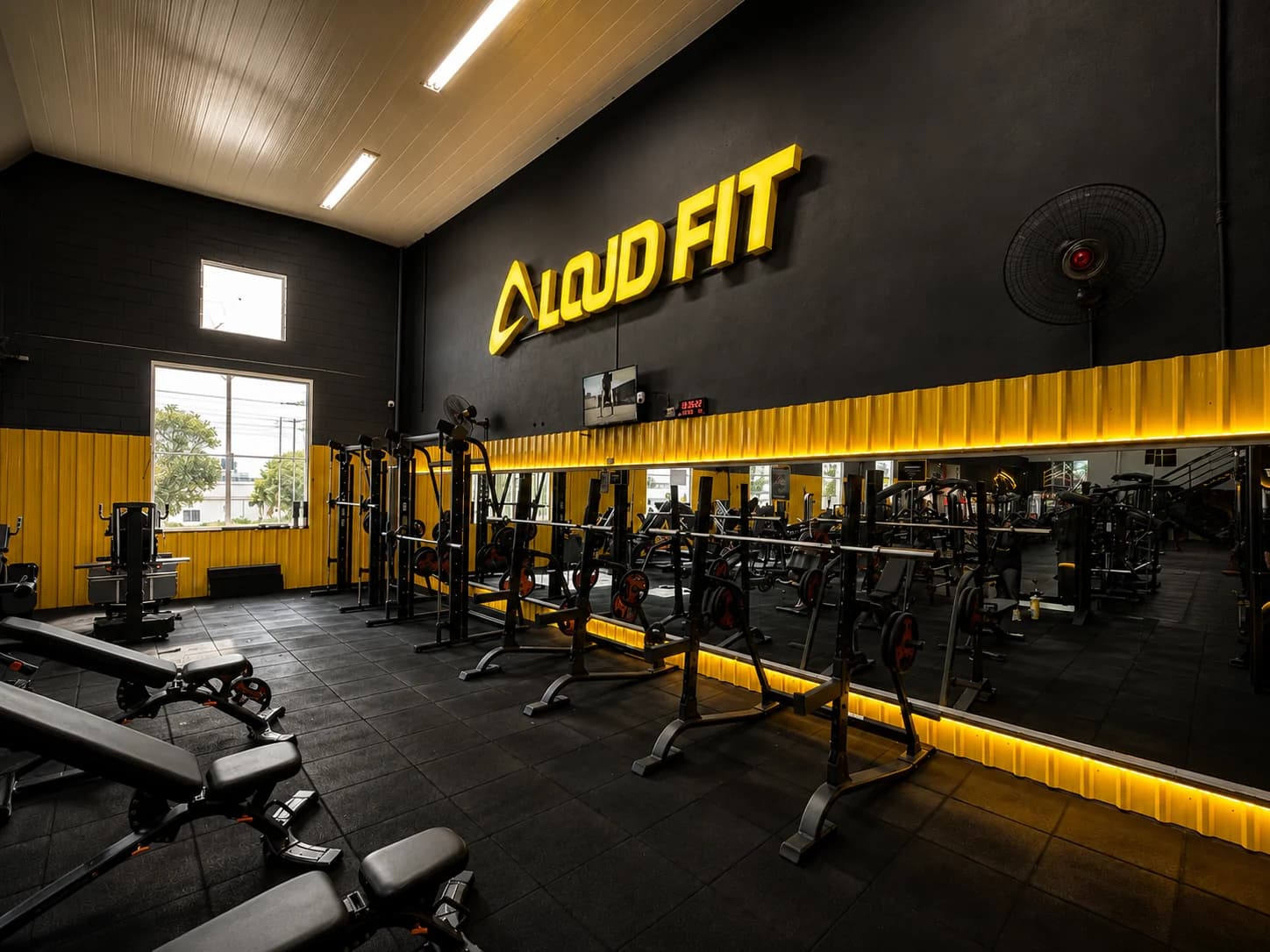 Área de peso livre com racks Loud Fit na unidade Amoreiras